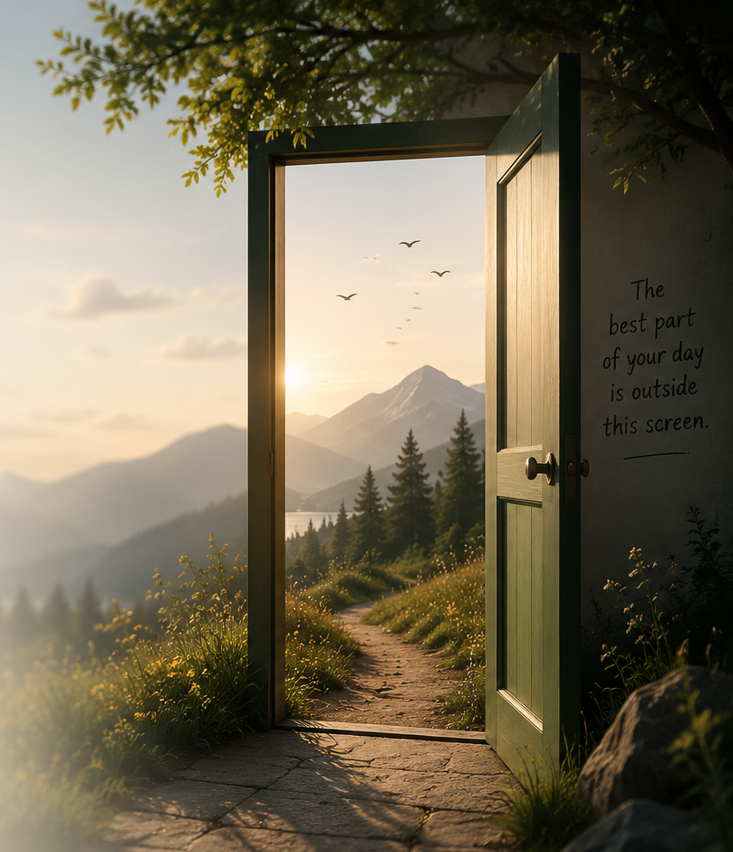 An open door leading from a screen-like room into mountains, trees, and evening light.